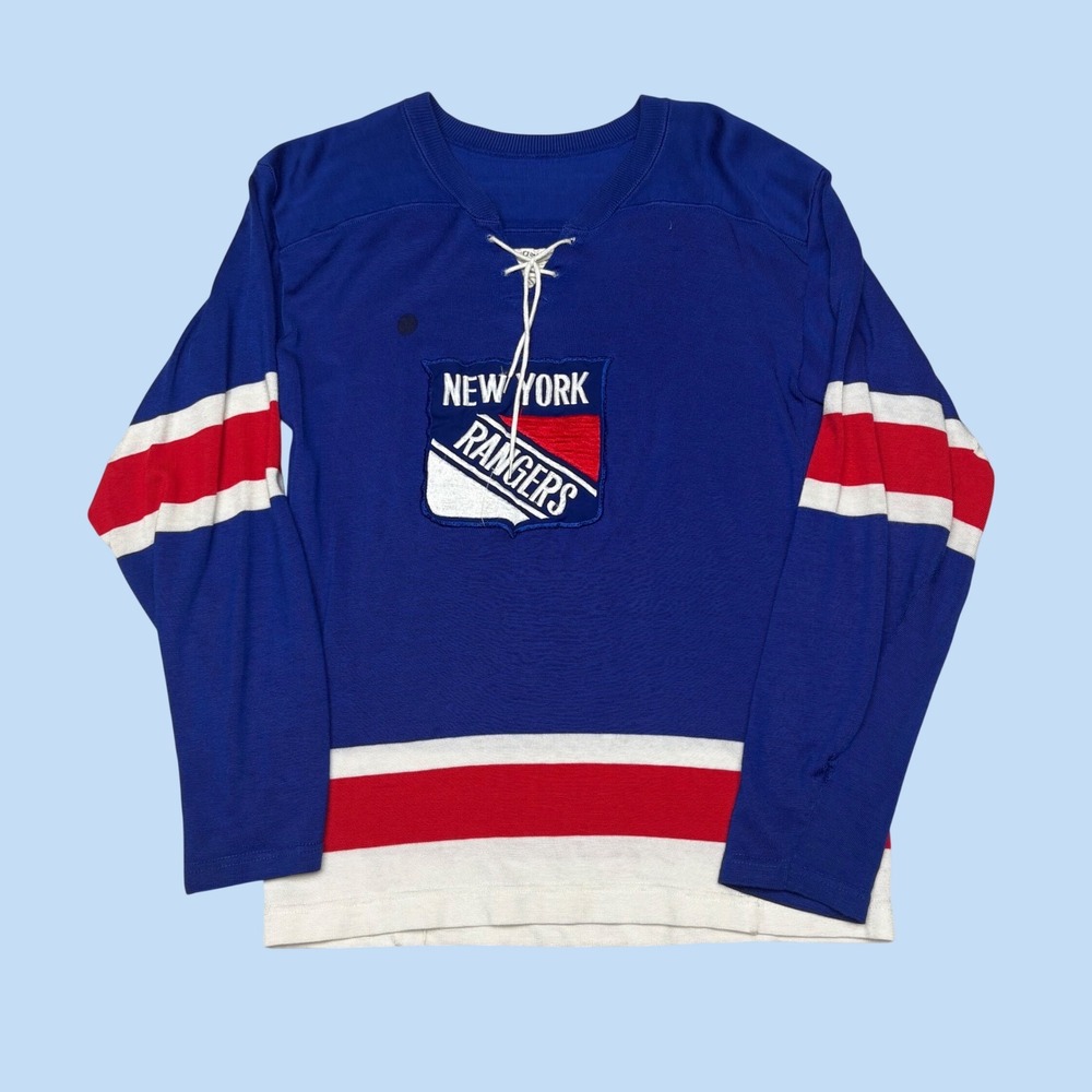 Vintage Bauer New York Rangers Hockey Jersey Blue Lace Up Made in Canada Mens S